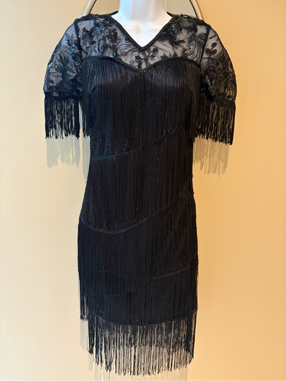 Vintage Black Fringe & Lace Flapper Dress Fringe All Over Size Small